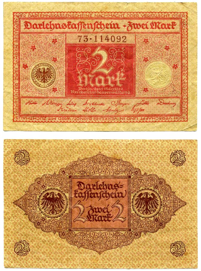 Германия 2 марки 1920 1 марта 1920, красная, серия 73 Pick 59, Розенберг 65b бумага 2195-36-3-1