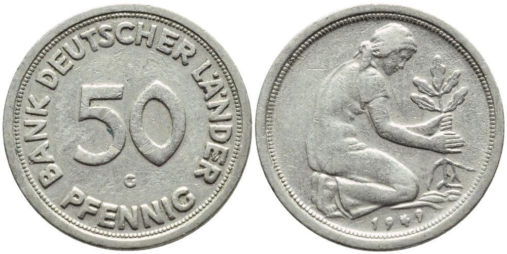 ФРГ 50 пфеннигов 1949 G KM 104, J. 379 медно-никель 4392-1024