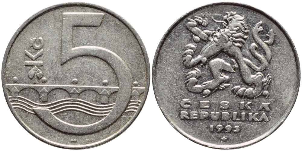 Чехия 5 крон 1993 чешский лев, Карлов мост KM 8 сталь плакированная никелем 4397-357