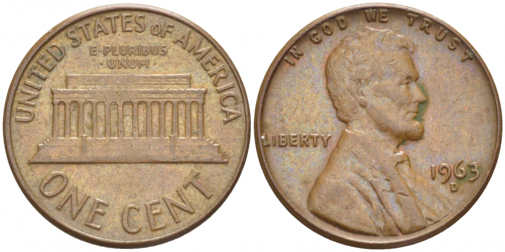 США 1 ЦЕНТ 1963 D, ЛИНКОЛЬН KM 201 медь цинк 3309-217