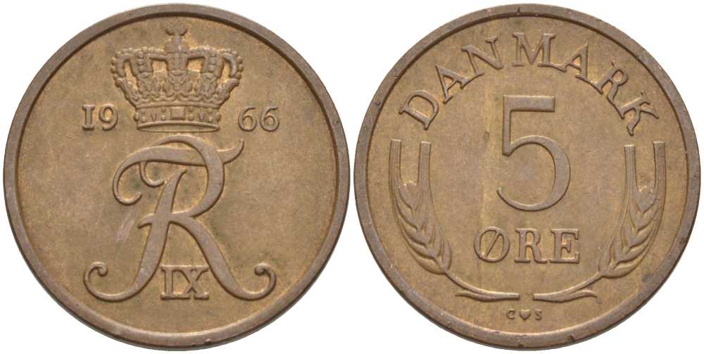 Дания 5 эре 1966 C; S, Фредерик IX (1947-1972) KM 848.1 бронза 67-753