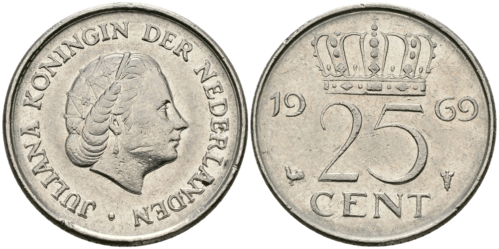 Нидерланды 25 центов 1969 Юлиана (1948-1980) KM 183 никель 96-218