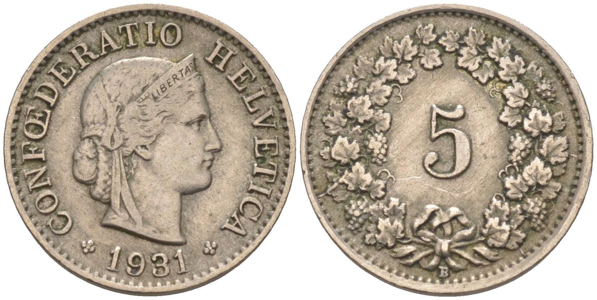 ШВЕЙЦАРИЯ 5 РАППЕНОВ 1931 B KM 26 медно-никель 188-358