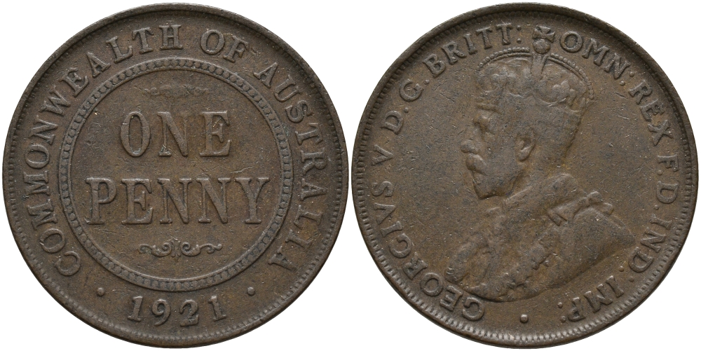 АВСТРАЛИЯ 1 ПЕННИ 1921 ГЕОРГ V KM 23 бронза 84-1114