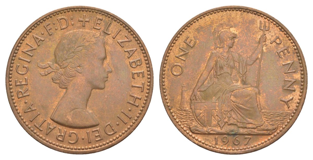 Великобритания 1 пенни 1967 Елизавета II (1952-2022) КМ 897, Spink 4157 бронза aUNC 4168-716