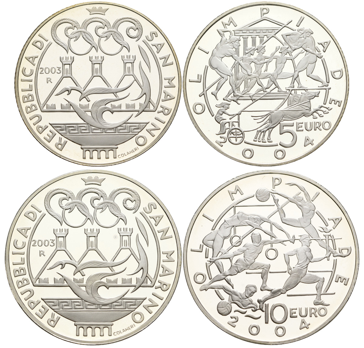 Сан-Марино набор 5 и 10 евро 2003 Олимпийские игры в Афинах 2004, виды спорта, в оригинальной коробке, с сертификатом KM 453, 454 серебро PROOF 7-1-64