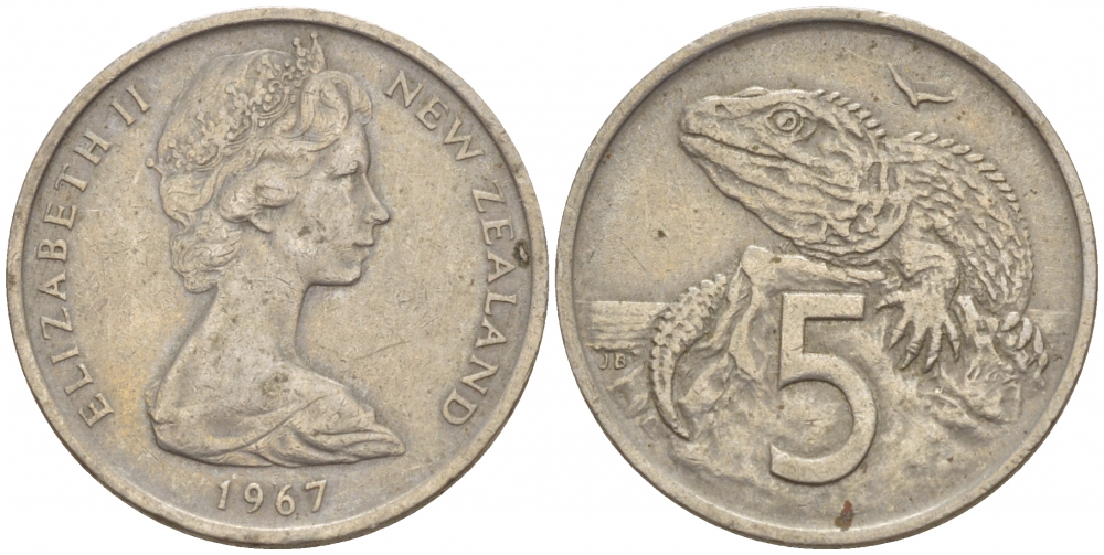 Новая Зеландия 5 центов 1967 Елизавета II (1952-2022), ящерица гаттерия KM 34.1 медно-никель 4528-849