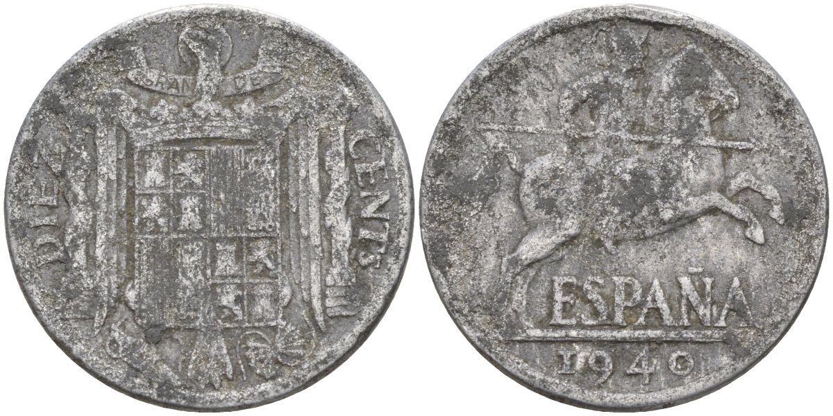 Испания 10 сентимо 1940 Франсиско Франко (1939 - 1975) KM 766 алюминий 4155-211