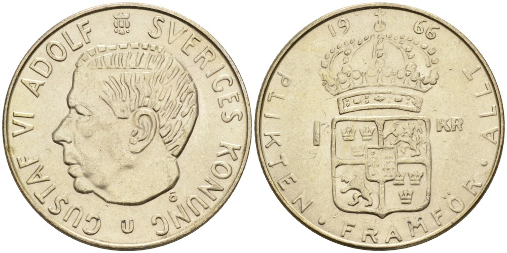 Швеция 1 крона 1966 U, Густав VI Адольф (1950-1973) KM 826 серебро 4542-622