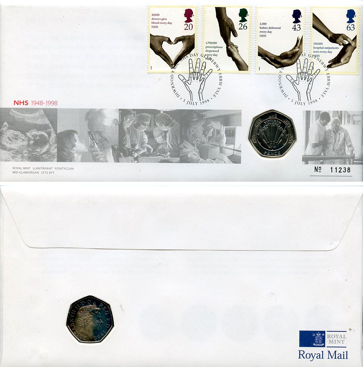 Великобритания 50 пенсов 1998 50 лет национальной службе здравоохранения, в оригинальном конверте, с марками, первый день гашения KM 996, Spink H10 медно-никель BU 4-3-8-01