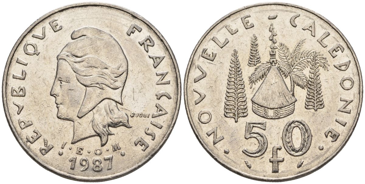Французская Новая Каледония 50 франков 1987 хижина среди сосен и пальм, (IEOM) KM 13, Schoen 15, Lec 121 никель 4120-643