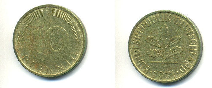 ФРГ 10 ПФЕННИГОВ 1971 D KM 108, J 383 сталь плакированная латунью 80-322