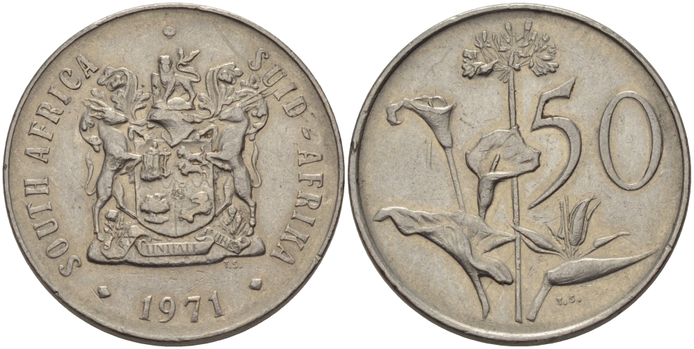 ЮАР 50 центов 1971 Зантедеския Эллиота (калла), герб KM 87 никель 32-1125