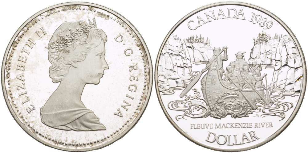 Канада 1 доллар 1989 покорение реки Маккензи, каноэ KM 168 серебро PROOF 1072-1-11
