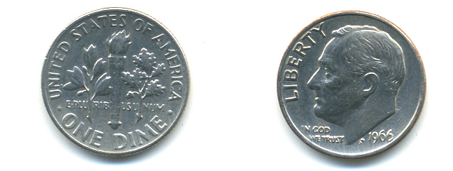 США 10 центов (дайм) 1966 Рузвельт KM 195а медь плакированная медно-никелем 89-525