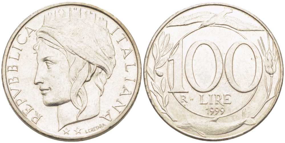 ИТАЛИЯ 100 ЛИР 1999 R, ДЕЛЬФИН KM 159 медно-никель 119-336