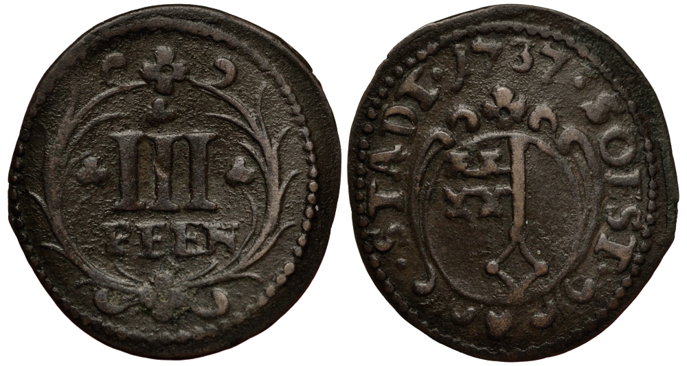 Соест 3 пфеннига 1737 KM 24 медь 413-2912