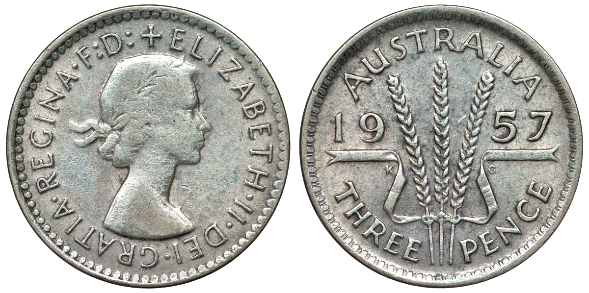 Австралия 3 пенса 1957 m, Елизавета II (1952-2022) KM 57 серебро 71-518