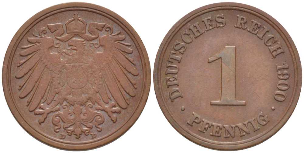 ГЕРМАНИЯ 1 ПФЕННИГ 1900 D KM 10, J. 10, Weege 2 медь 211-251