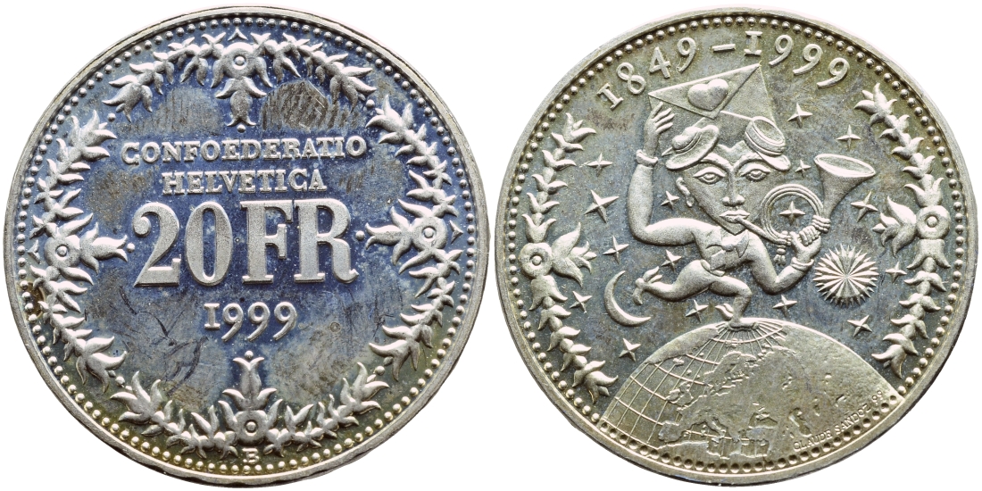 Швейцария 20 франков 1999 В, 150 лет Швейцарской почтовой службе KM 85 серебро PROOF 1524-734