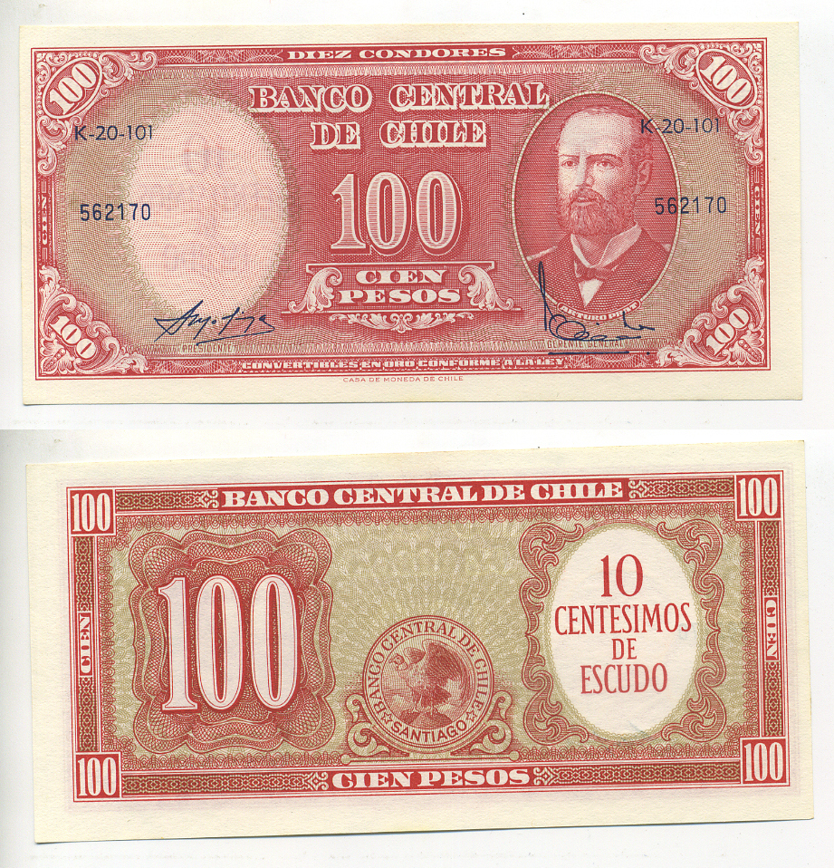 Чили 10 сентесимо ND (1960-1961) надпечатка на 100 песо, Артуро Прат Pick 127a бумага UNC (пресс) 7548-41-3