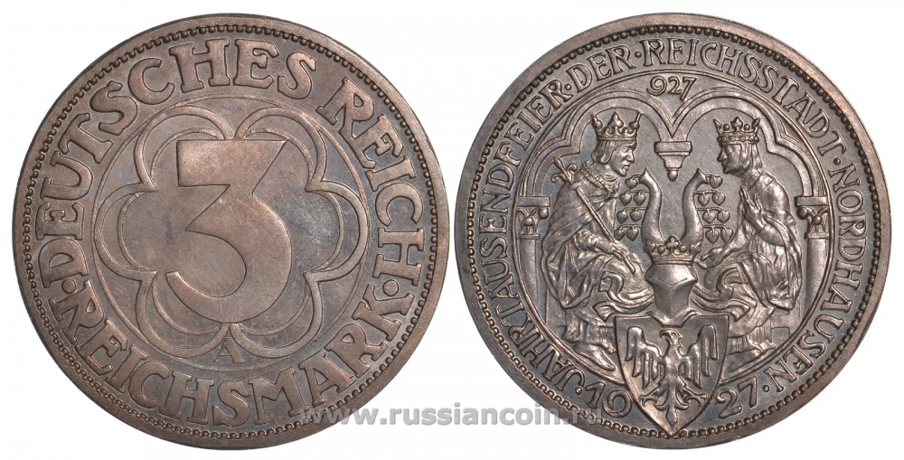 Германия 3 марки 1927 A, 1000 летие основания Нордхаузена J. 327, KM 52 серебро PROOF 00-00