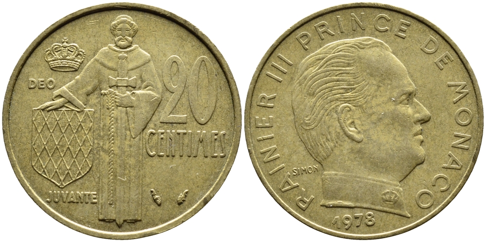 Монако 20 сантимов 1978 Ренье III (1949-2005) KM 143 алюминиевая бронза 4393-1245