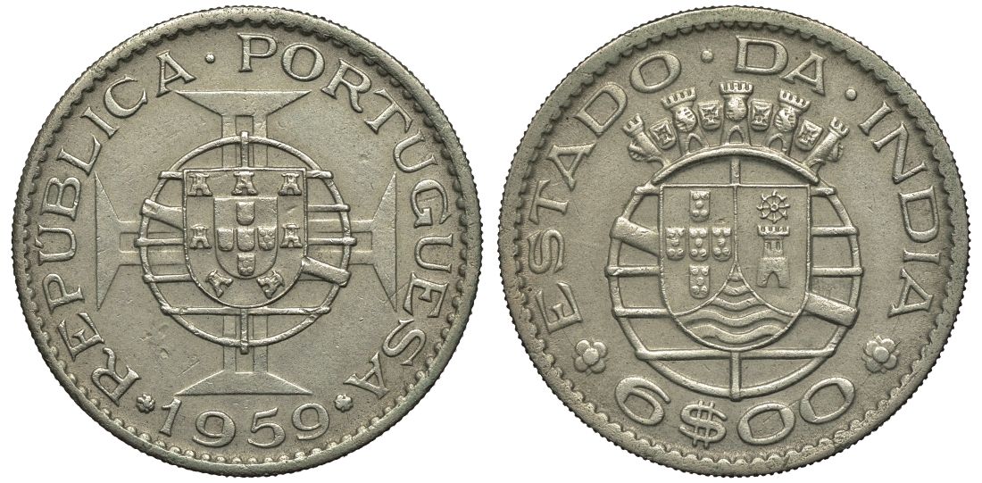 Португальская Индия 6 эскудо 1959 Португальская администрация KM 35 медно-никель 443-1045