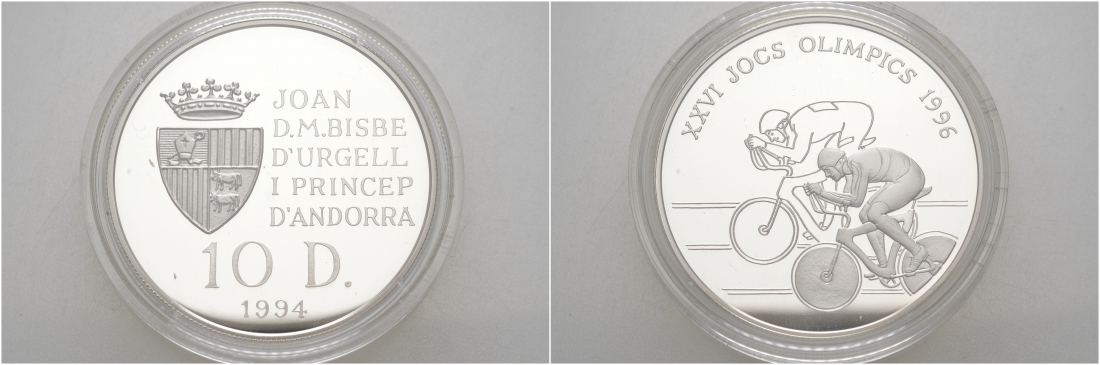 Андорра 10 динеров 1994 XXVI Олимпийские игры 1996 года велоспорт KM 95 серебро PROOF 02-073-25