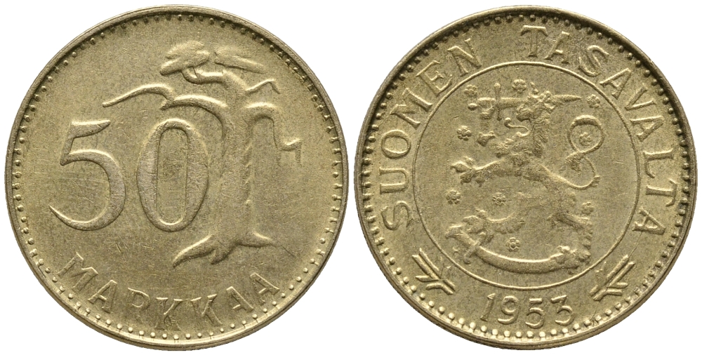 ФИНЛЯНДИЯ 50 МАРОК 1953 KM 40 алюминиевая бронза 34-1112
