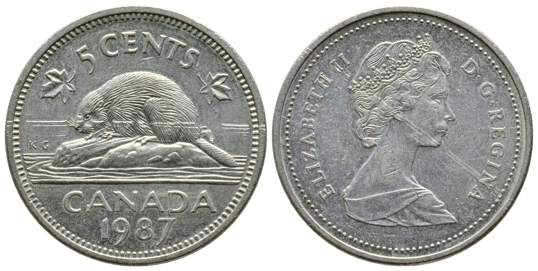 Канада 5 центов 1987 Елизавета II (1952-2022), бобер KM 60.2 a медно-никель 4364-2614