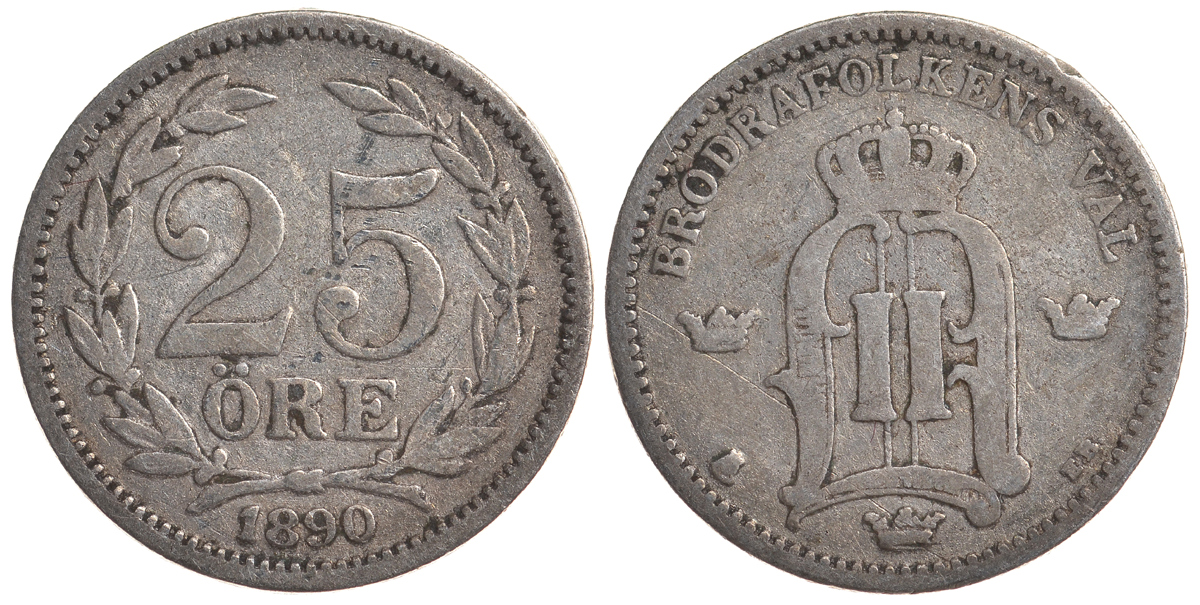 Швеция 25 эре 1890 EB, Оскар II (1872-1907) король Швеции и Норвегии KM 739 серебро 4179-822