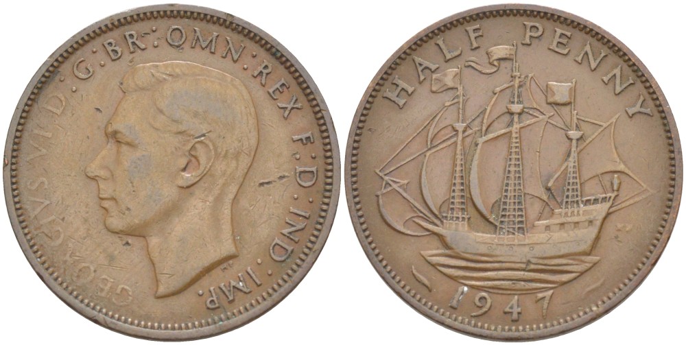 Великобритания 1/2 пенни 1947 Георг VI (1936-1952) KM 844, Spink 4115 бронза 65-535