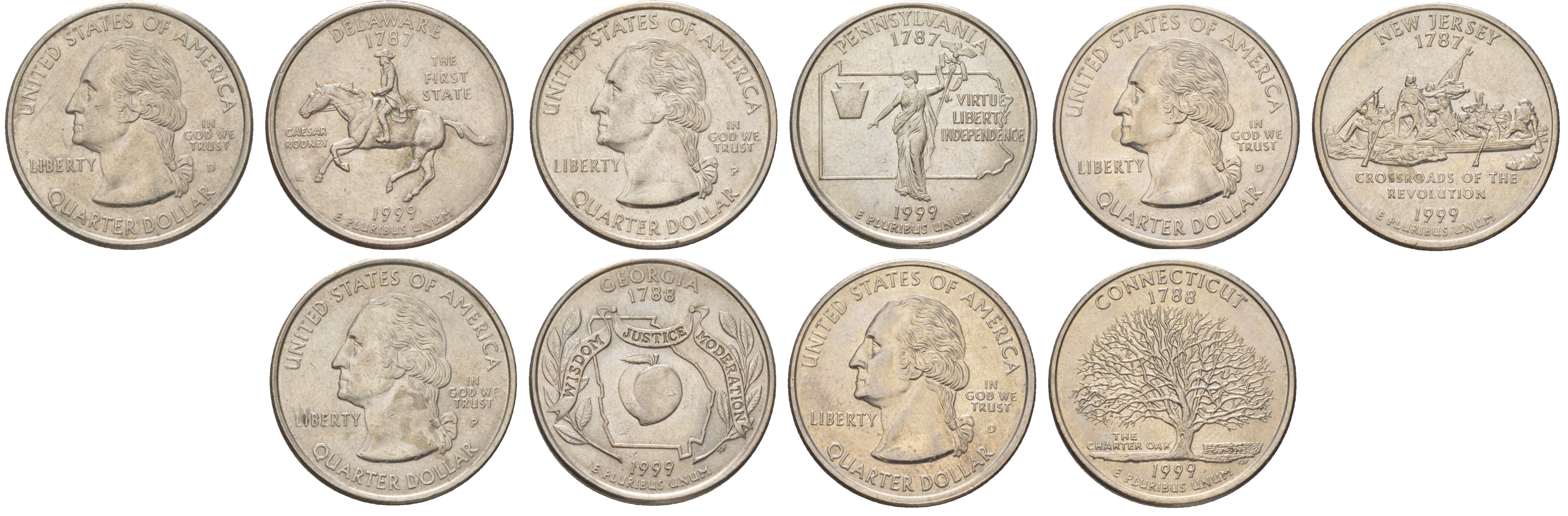 США годовой набор из 5 монет (25 центов, квотер, 1/4 доллара) серии квотеры 50 штатов 1999 Квотер штата Делавэр, Пенсильвания, Нью-Джерси, Джорджия и Коннектикут KM 293, 294, 295, 296 и 297 медь плакированный медно-никелем UNC 4628-1121-1125
