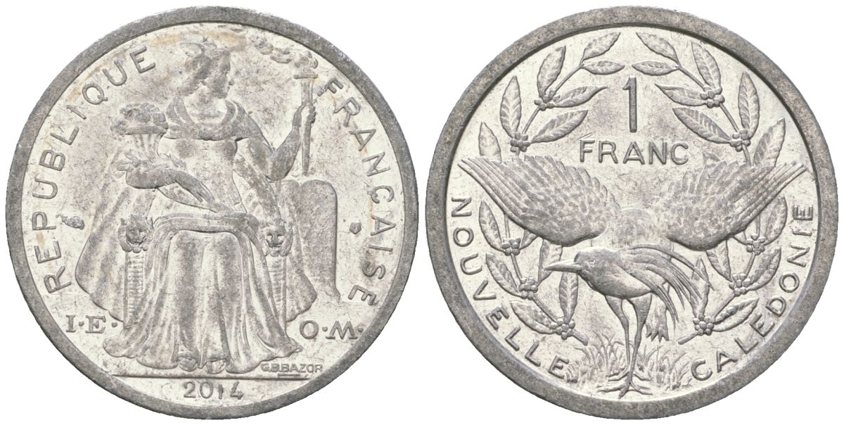Французская Новая Каледония 1 франк 2014 птица кагу, (IEOM) KM 10, Schoen 10 алюминий 31-1221