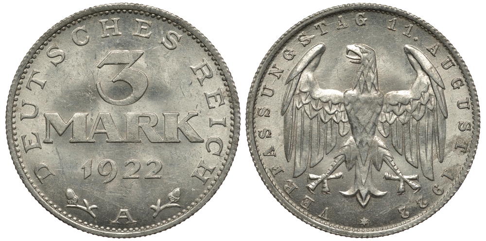 Германия 3 марки 1922 A, третья годовщина Веймарской Конституции KM 29, J. 303 алюминий 413-5021