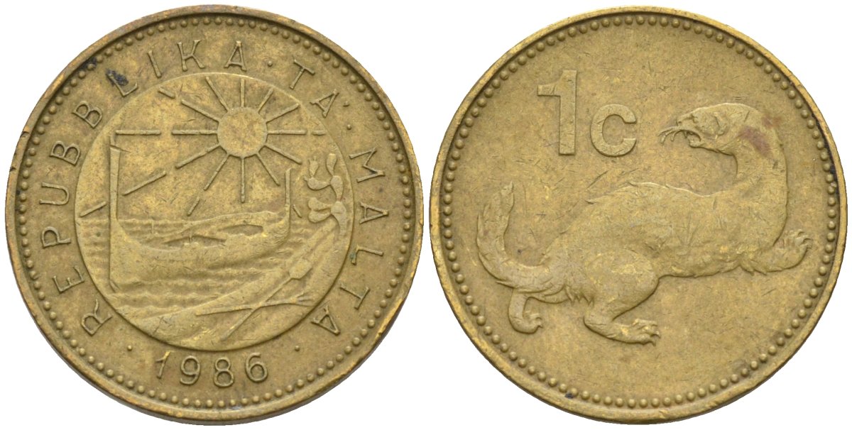 Мальта 1 цент 1986 ласка, горностай KM 78 никель латунь 4585-1125