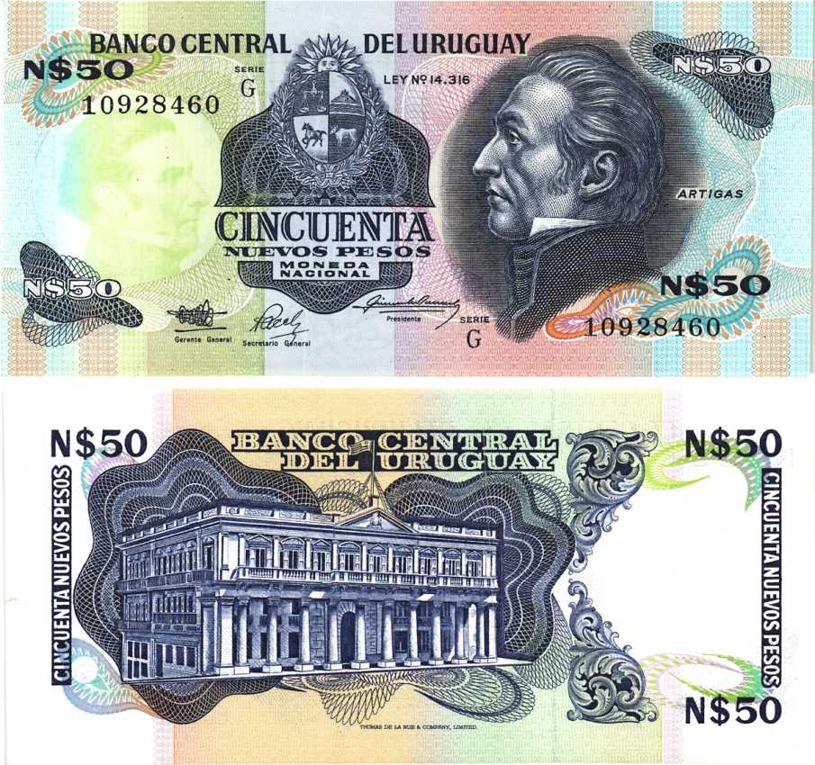УРУГВАЙ 50 ПЕСО 1987 СЕРИЯ G, ХОСЕ ХЕРВАСИО АРТИГАС Pick 61A бумага UNC (ПРЕСС) 8589-13-3-2