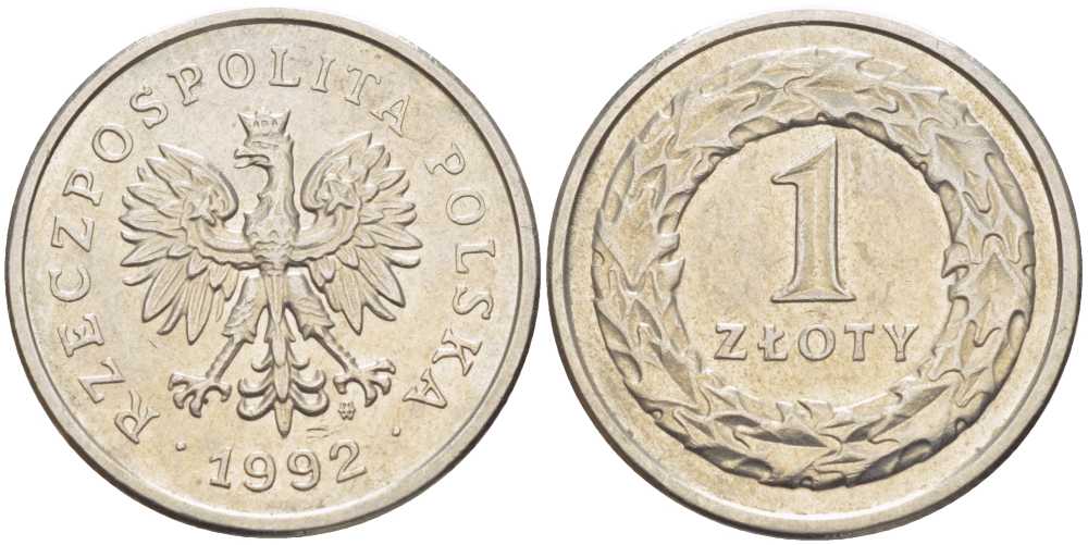 ПОЛЬША 1 ЗЛОТЫЙ 1992 MW KM 282 медно-никель 34-1256