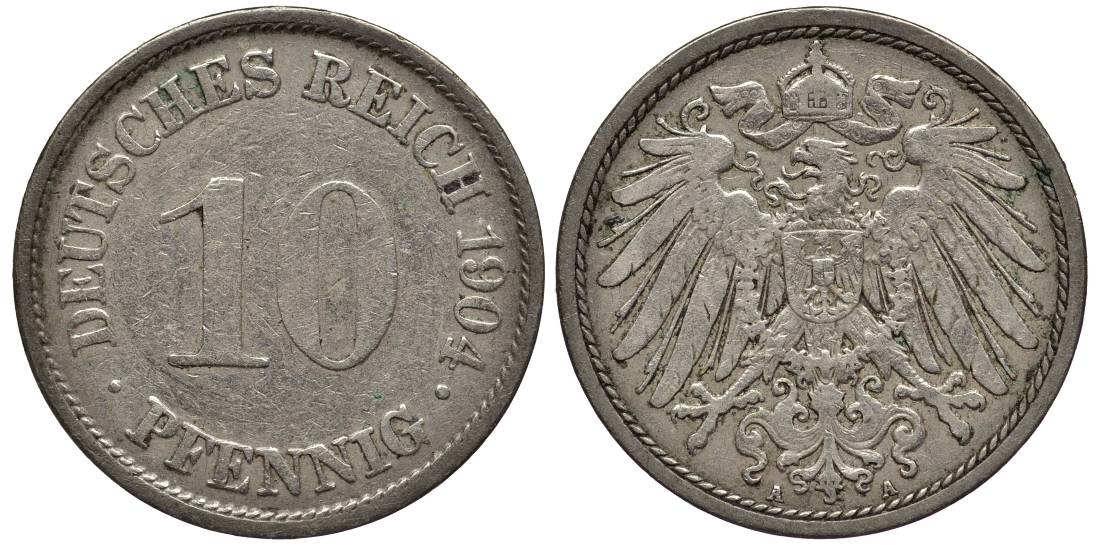 ГЕРМАНИЯ 10 ПФЕННИГОВ 1904 A KM 12, Jager 13, Weege 8 медно-никель 219-413