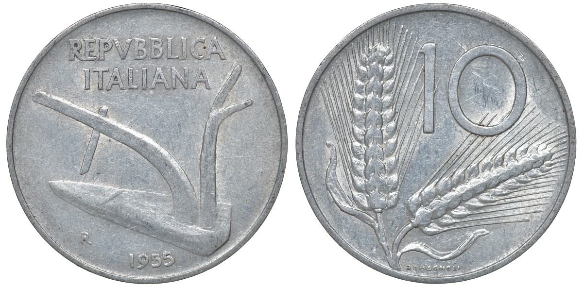 Италия 10 лир 1955 R, плуг KM 93 алюминий 4163-351