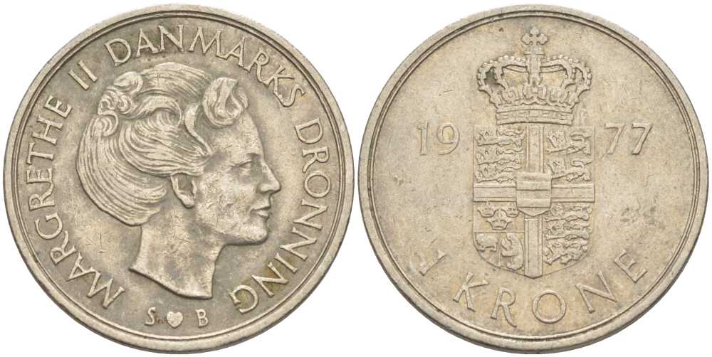 Дания 1 крона 1977 S; B, Маргарете II (1972- ) KM 862.1 медно-никель 4388-446