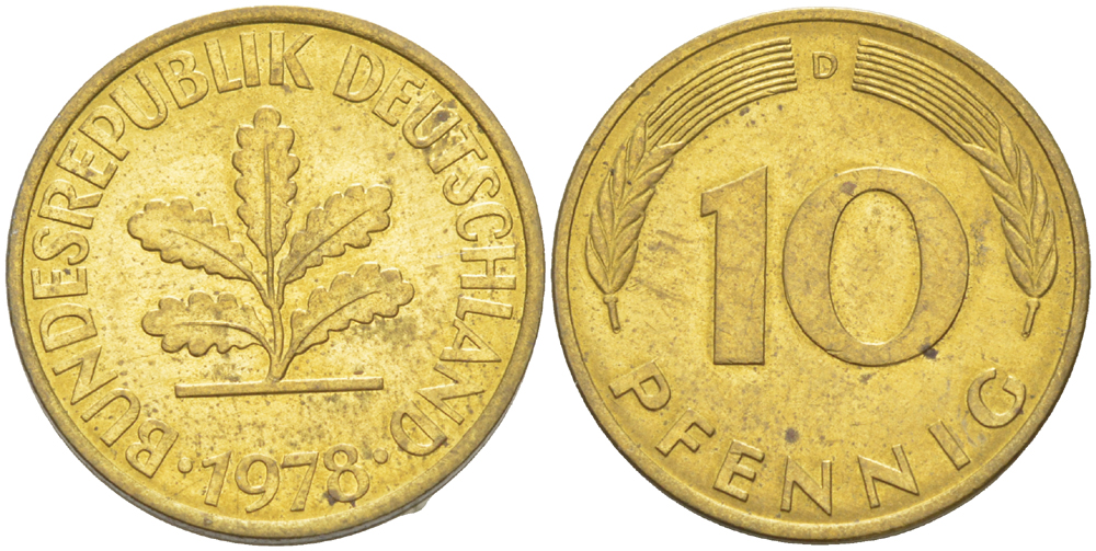 ФРГ 10 ПФЕННИГОВ 1978 D KM 108, J. 383 сталь плакированная латунью 4182-855