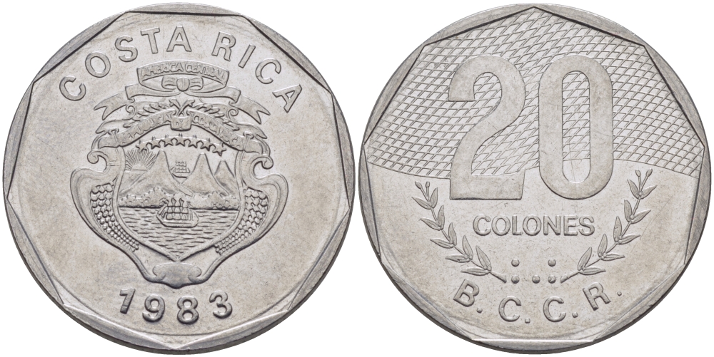КОСТА-РИКА 20 КОЛОН 1983 v KM 216.1 нержавеющая сталь 82-134