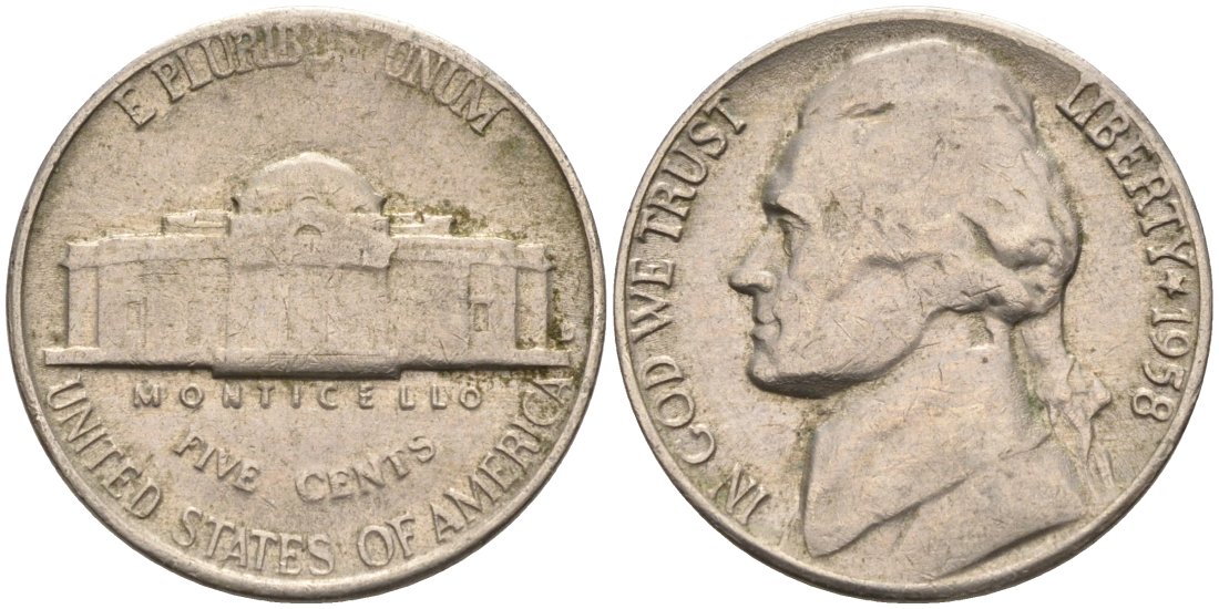 США 5 центов 1958 D, Джефферсон KM А192 медно-никель 92-1033