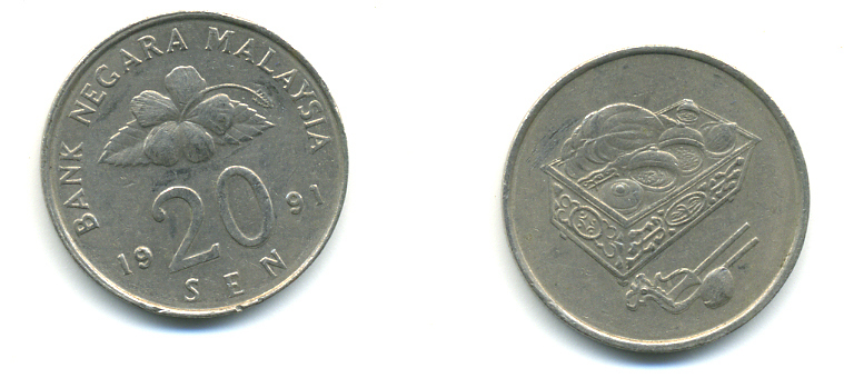 Малайзия 20 сенов 1991 цветок KM 52 медно-никель 3999-625