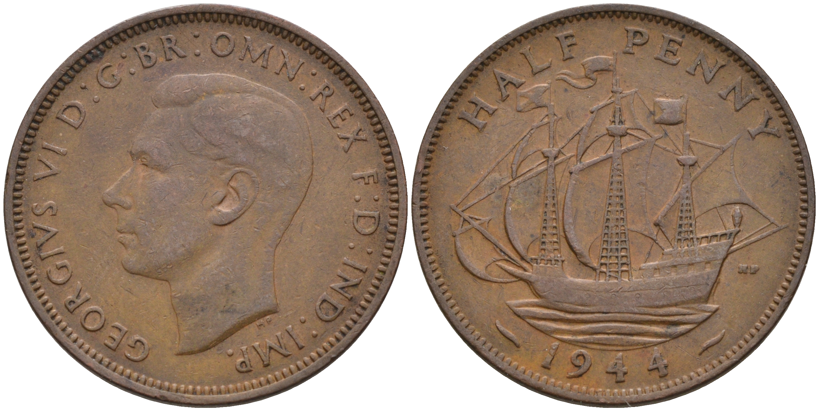 Великобритания 1/2 пенни 1944 Георг VI (1936-1952) KM 844, Spink 4115 бронза 4592-342