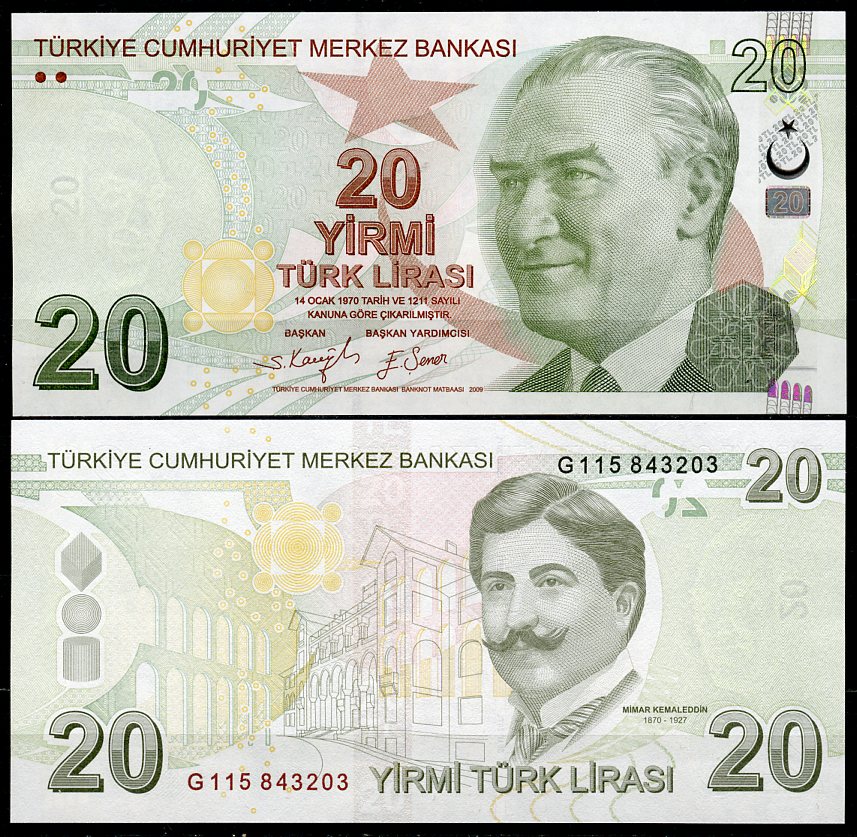 Турция 20 лир 2009 серия G, Президент Кемаль Ататюрк, Мимар Ахмет Кемаледдин Pick 224 f  бумага  UNC (пресс) 448-106-2