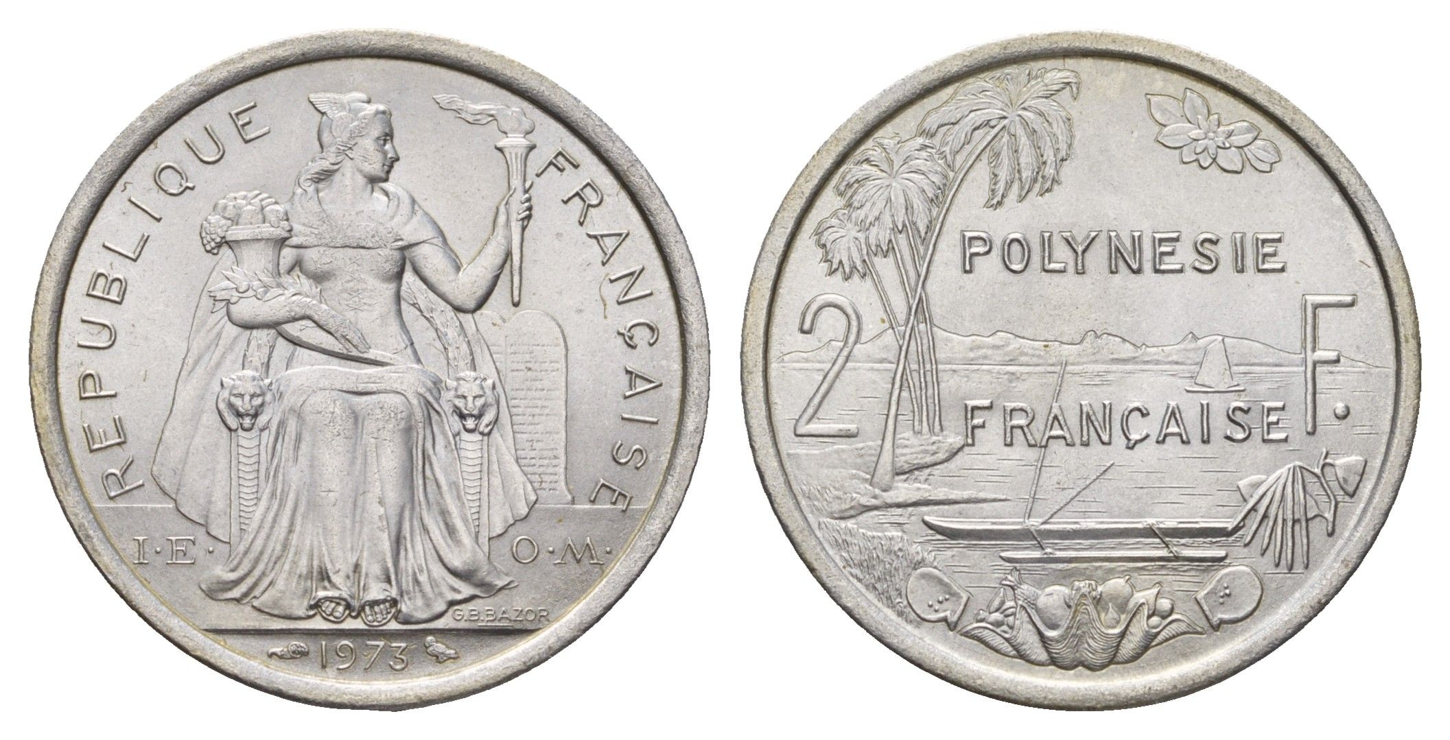 Французская Полинезия 2 франка 1973 KM 10 алюминий UNC 179-913