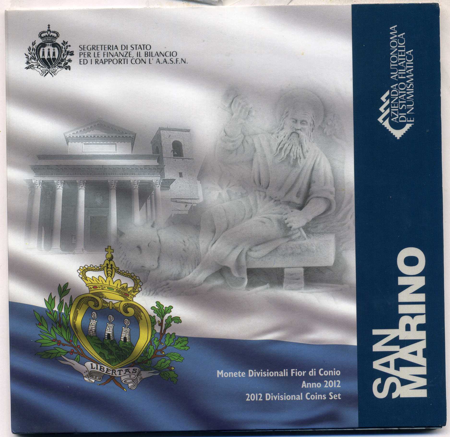 Сан-Марино евронабор из 8 монет 2012 1, 2, 5, 10, 20, 50 евроцентов, 1, 2 евро, пластик, запайка, буклет BUNC 4-5-3-21